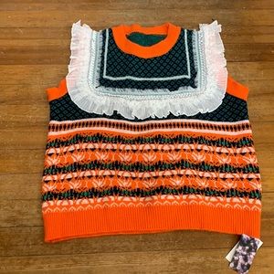 Sweater vest lace knit winter orange green ruffle soft bright